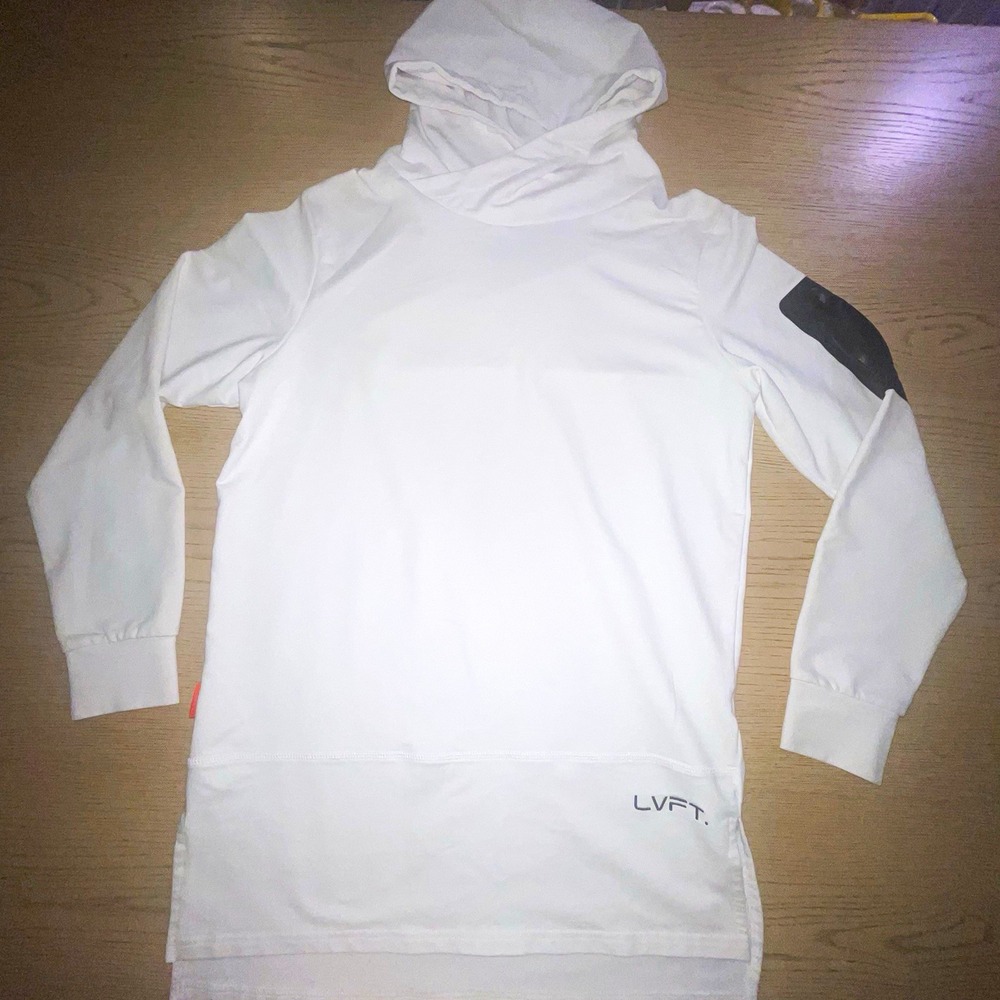 LVFT Mens M White Fleece Pullover Hoodie Regular Fit Solid Logo